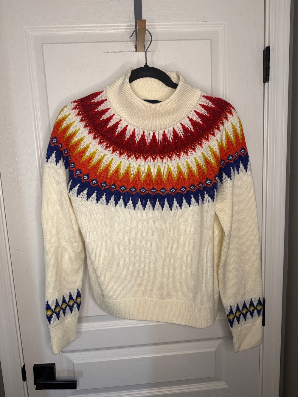 Cream Turtleneck Sweater with Red, Blue & Yellow Fair Isle Yoke